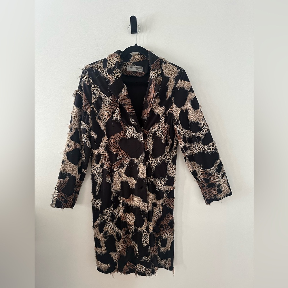 Vintage A&K Designs Womens Mixed Animal Print Frayed Edge Buttoned Long Coat SzL